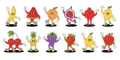 Fruits set in retro groovy style. Groovy retro characters of fruits. vector