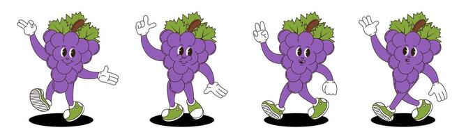 Grape in retro groovy style. Groovy retro characters of grape. vector