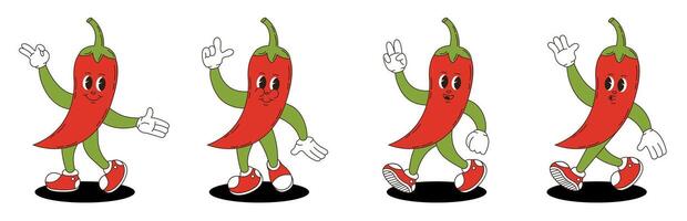 Chili pepperin retro groovy style. Groovy retro characters of chili pepper. vector