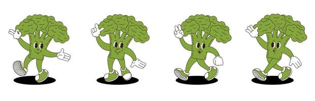 Broccoli retro groovy style. Groovy retro characters of broccoli. vector