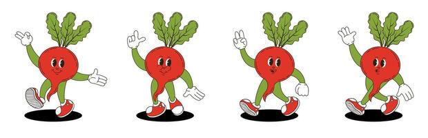 Radish retro groovy style. Groovy retro characters of radish. vector