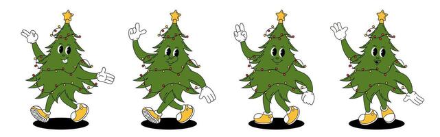 Groovy retro Christmas tree. Christmas characters in groovy style. vector