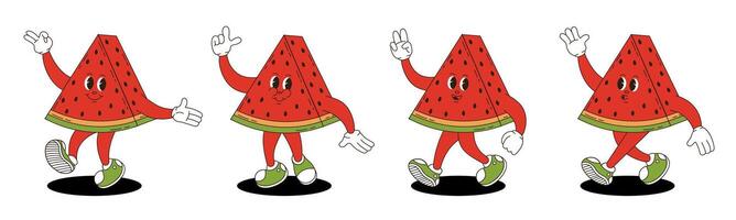 Watermelon in retro groovy style. Groovy retro characters of watermelon. vector