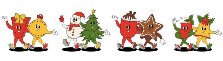 Groovy retro Merry Christmas and Happy New year. Christmas characters in groovy style. Christmas tree, toy, bell, boot, gift, mug of hot chocolate, snowman, gingerbread. vector