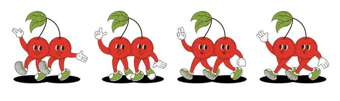 Cherry in retro groovy style. Groovy retro characters of cherry. vector