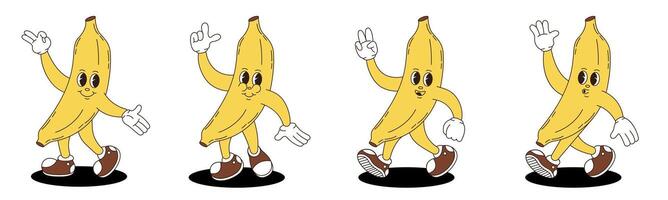 Banana in retro groovy style. Groovy retro characters of banana. vector