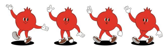 Pomegranate in retro groovy style. Groovy retro characters of pomegranate. vector