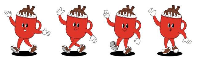 Groovy retro Christmas mug of hot chocolate. Christmas characters in groovy style. vector