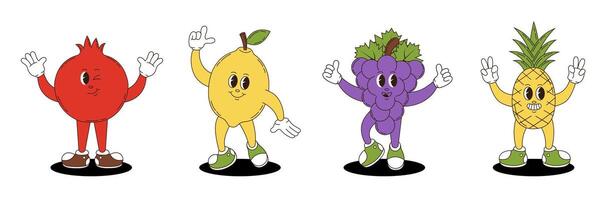 Fruits set in retro groovy style. Groovy retro characters of pomegranate, lemon, grapes, pineapple. vector