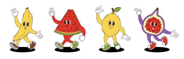 Fruits set in retro groovy style. Groovy retro characters of banana, watermelon, lemon, fig. vector
