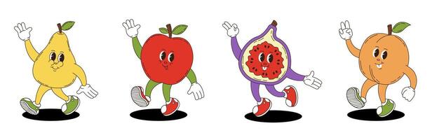 Fruits set in retro groovy style. Groovy retro characters of pear, apple, fig, peach. vector