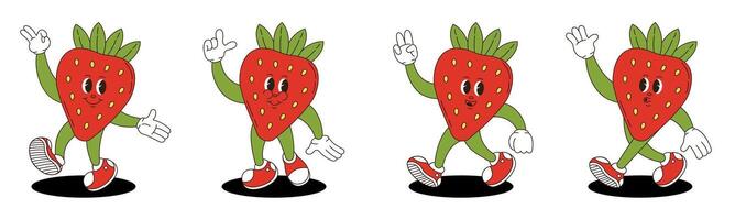 Strawberry in retro groovy style. Groovy retro characters of strawberry. vector