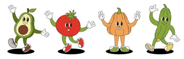Vegetables set in retro groovy style. Groovy retro characters of avocado, tomato, pumpkin, cucumber. vector