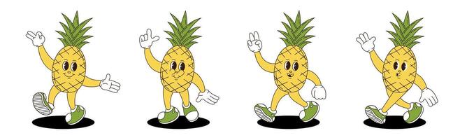 Pineapple in retro groovy style. Groovy retro characters of pineapple. vector