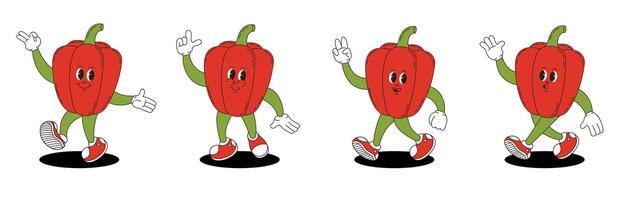 Bell pepper retro groovy style. Groovy retro characters of bell pepper. vector