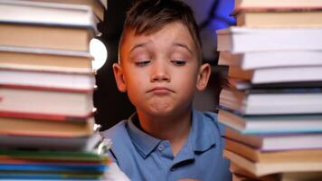 Tired pupil looking bored between two stacks of books photo