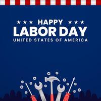 Happy US Labor Day banner blue background with working tools illustration vector