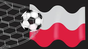 Soccer Football Ball in Goal net grid and Wavy Poland Flag isolated on Black Background vector