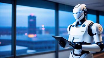 robot doctor in a hospital room with a tablet in his hands against the background of a window with multi-colored city lights. The concept of future technologies. video