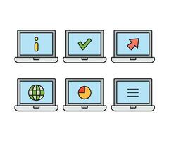 laptop computer and info, globe, pie chart, cursor and check mark icons vector