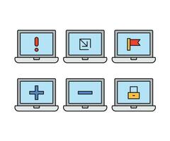 laptop computer and link, flag, key, add, minus icons vector