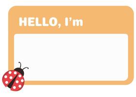 Yellow name tag label with bug sticker isolated on white background. vector