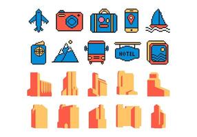 Travel Icon Pixel Element and Building Silhouette Element Set vector