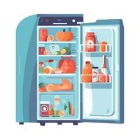 An open refrigerator with food inside vector