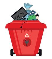 A red trash can with a computer and other items vector
