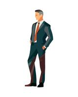 Businessman in suit and tie standing with hands in pockets vector