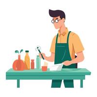 A man in apron is standing at a table with a knife and a bottle vector