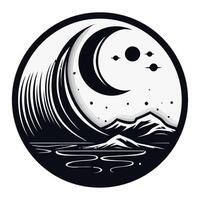 A black and white image of a wave and mountains vector