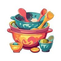 Colorful bowls and spoons with spoons and forks vector