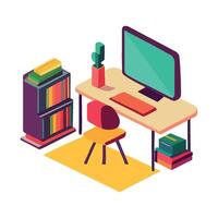An illustration of a computer desk with a chair and books vector