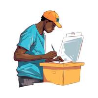 A man in a hat is writing on a piece of paper vector