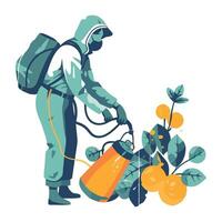 A man in a protective suit spraying an orange tree vector