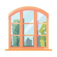 An open window with trees and buildings in the background vector