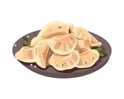 Dumplings on a plate with a leaf on top vector
