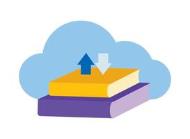 A stack of books with an arrow pointing to the cloud vector