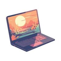 A laptop computer with a sunset on the screen vector