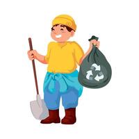 A man with a shovel and bag of trash vector