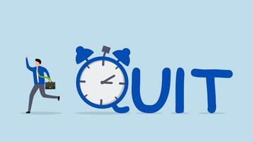 Time to quit day time job, 4k animation of businessman entrepreneur walks away from alarm clock with the word QUIT. video