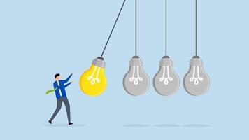 Knowledge sharing, 4k animation of business manager pulls light bulb into pendulum to convey information. video