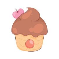 A cartoon cupcake with chocolate frosting and cherry on top vector