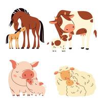 Set of flat illustrations. Cute pets with cubs. Horse with foal, pig with piglet, sheep with lamb, cow with calf vector
