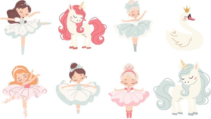 Set of cute illustrations on the theme of ballet. Cute ballerinas, swan and unicorns.