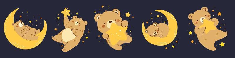 Set of flat illustrations in children's style. Cute bears sleeping on the moon and flying in space. Space and stars. vector