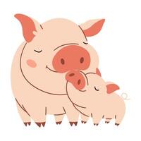 Flat illustration. Cute pig with piglet, white background. Motherly love vector
