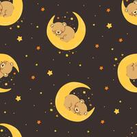Seamless pattern in child style on dark background. Cute bear cub sleeping on the moon, night and stars all around vector