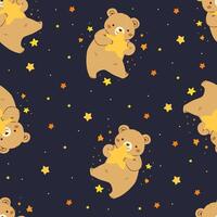 Seamless pattern in child style on dark background. Cute bear flying in space and holding a star in his paws vector